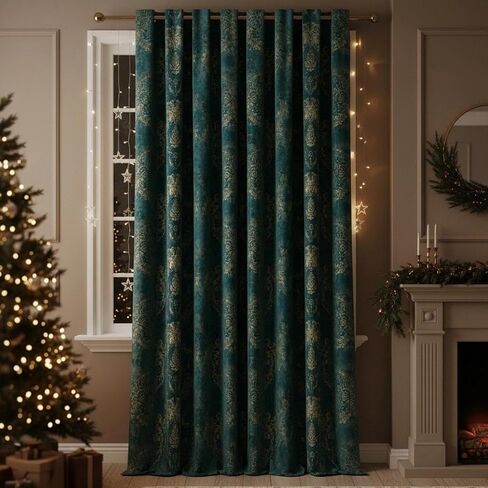 NAPEARL Velvet Curtain Panel Grommet Top Living Room Luxury Window Treatment Blue Velvet Fabric with Golden Embossed Home Decoration Living Room 1 Panel in Saudi Arabia