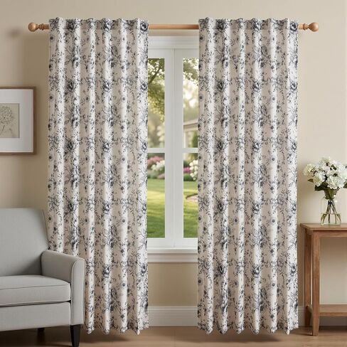 XWZO Floral Curtains for Living Room Linen Farmhouse Curtains 84 Inch Length Black Floral Patterned Curtain Peony Flower Printed Back Tab Curtain Bedroom Window Drapes 2 Panels in Saudi Arabia