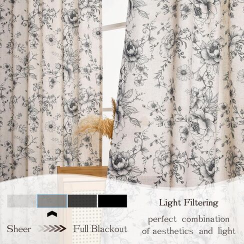 XWZO Floral Curtains for Living Room Linen Farmhouse Curtains 84 Inch Length Black Floral Patterned Curtain Peony Flower Printed Back Tab Curtain Bedroom Window Drapes 2 Panels in Saudi Arabia