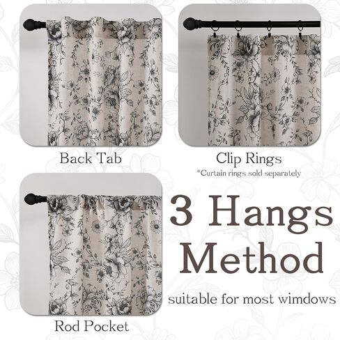XWZO Floral Curtains for Living Room Linen Farmhouse Curtains 84 Inch Length Black Floral Patterned Curtain Peony Flower Printed Back Tab Curtain Bedroom Window Drapes 2 Panels in Saudi Arabia