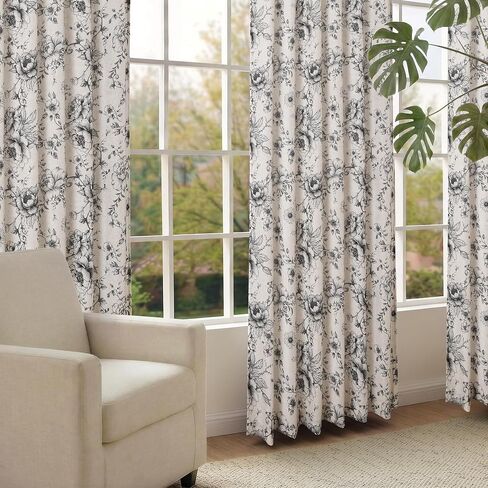 XWZO Floral Curtains for Living Room Linen Farmhouse Curtains 84 Inch Length Black Floral Patterned Curtain Peony Flower Printed Back Tab Curtain Bedroom Window Drapes 2 Panels in Saudi Arabia