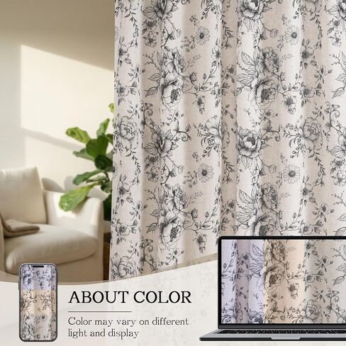 XWZO Floral Curtains for Living Room Linen Farmhouse Curtains 84 Inch Length Black Floral Patterned Curtain Peony Flower Printed Back Tab Curtain Bedroom Window Drapes 2 Panels in Saudi Arabia