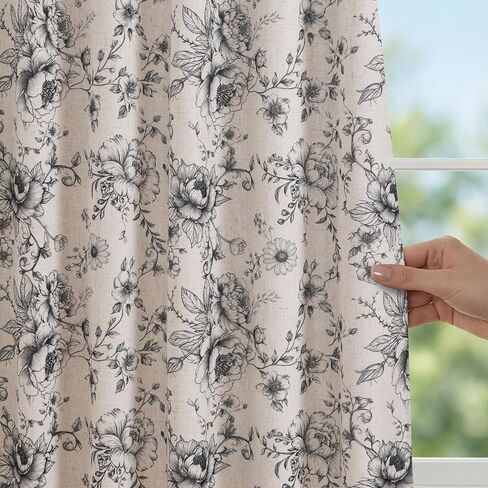 XWZO Floral Curtains for Living Room Linen Farmhouse Curtains 84 Inch Length Black Floral Patterned Curtain Peony Flower Printed Back Tab Curtain Bedroom Window Drapes 2 Panels in Saudi Arabia