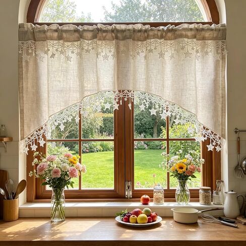 Boho Style Arched Linen Cafe Curtain Valance with Stars Trim Elegant Linen Swag Doorway Curtain Tier for Kitchen Bathroom Bedroom Rod Pocket Top 1 Panel (W39 x L25.5 inch,Beige) in Saudi Arabia