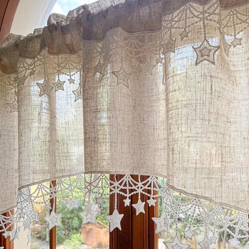 Boho Style Arched Linen Cafe Curtain Valance with Stars Trim Elegant Linen Swag Doorway Curtain Tier for Kitchen Bathroom Bedroom Rod Pocket Top 1 Panel (W39 x L25.5 inch,Beige) in Saudi Arabia