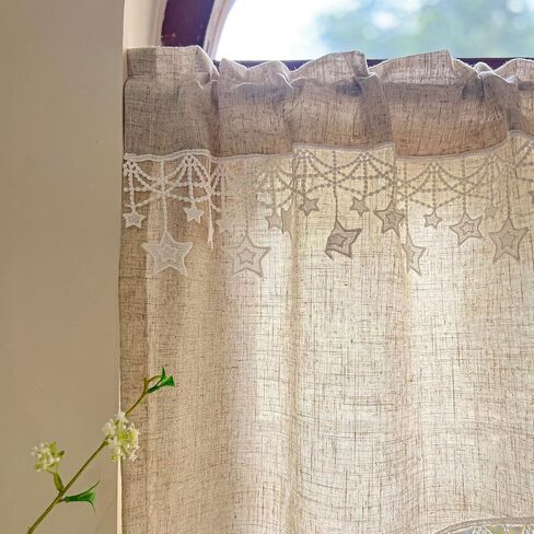 Boho Style Arched Linen Cafe Curtain Valance with Stars Trim Elegant Linen Swag Doorway Curtain Tier for Kitchen Bathroom Bedroom Rod Pocket Top 1 Panel (W39 x L25.5 inch,Beige) in Saudi Arabia