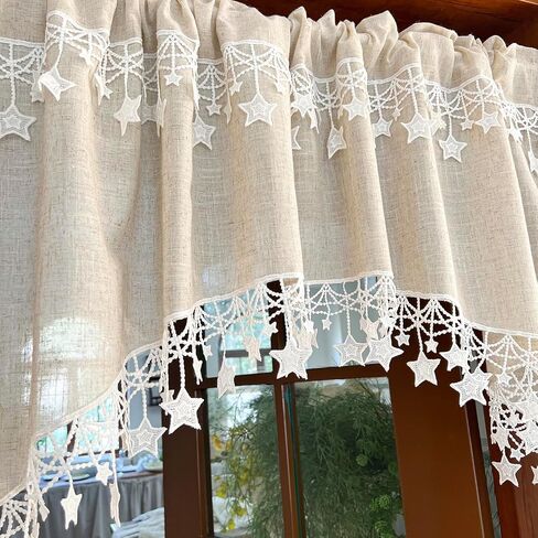 Boho Style Arched Linen Cafe Curtain Valance with Stars Trim Elegant Linen Swag Doorway Curtain Tier for Kitchen Bathroom Bedroom Rod Pocket Top 1 Panel (W39 x L25.5 inch,Beige) in Saudi Arabia