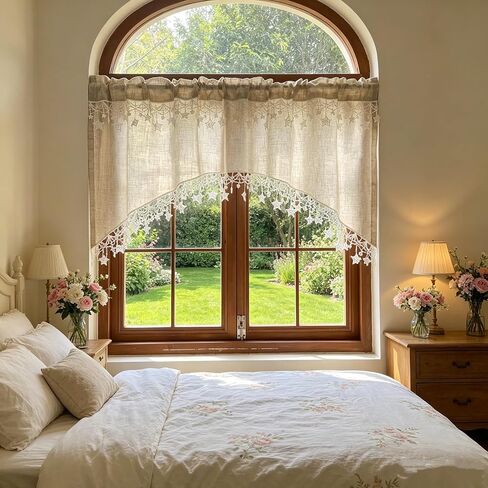 Boho Style Arched Linen Cafe Curtain Valance with Stars Trim Elegant Linen Swag Doorway Curtain Tier for Kitchen Bathroom Bedroom Rod Pocket Top 1 Panel (W39 x L25.5 inch,Beige) in Saudi Arabia