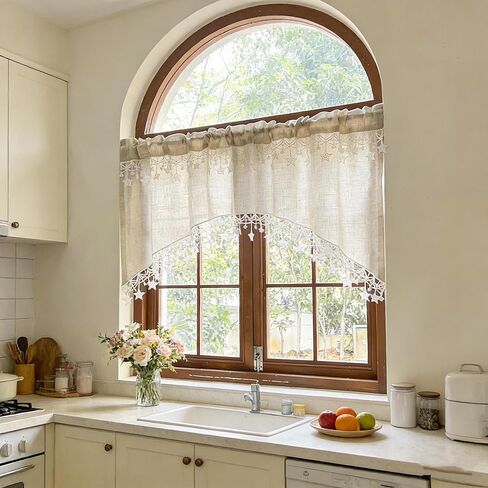 Boho Style Arched Linen Cafe Curtain Valance with Stars Trim Elegant Linen Swag Doorway Curtain Tier for Kitchen Bathroom Bedroom Rod Pocket Top 1 Panel (W39 x L25.5 inch,Beige) in Saudi Arabia