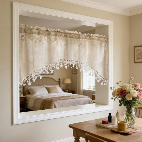 Boho Style Arched Linen Cafe Curtain Valance with Stars Trim Elegant Linen Swag Doorway Curtain Tier for Kitchen Bathroom Bedroom Rod Pocket Top 1 Panel (W39 x L25.5 inch,Beige) in Saudi Arabia