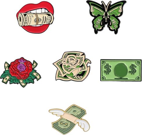 6 PCS Dollar Enamel Pins Bulk Funny Purse Cute Cool Metal Brooch Pin for backpacks hat Fashion Coat Denim Coat Scarf Hat Decor Accessories Fun Gift in Saudi Arabia
