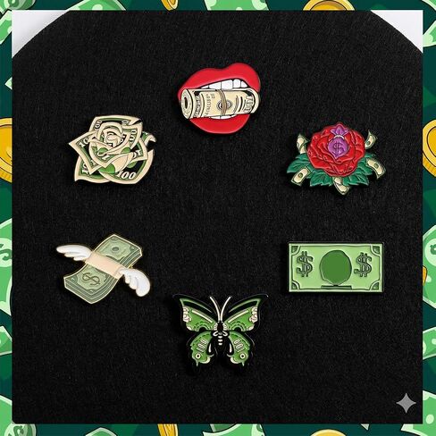 6 PCS Dollar Enamel Pins Bulk Funny Purse Cute Cool Metal Brooch Pin for backpacks hat Fashion Coat Denim Coat Scarf Hat Decor Accessories Fun Gift in Saudi Arabia