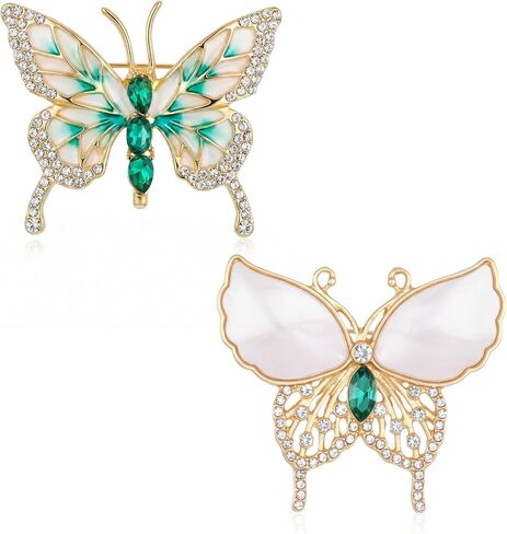 2Pcs Vintage Butterfly Brooch Rhinestone Butterfly Lapel Pins for Women | Emerald Insect Brooch, Crystal, Elegant, for Dress Accessories Jewelry Gift in Saudi Arabia