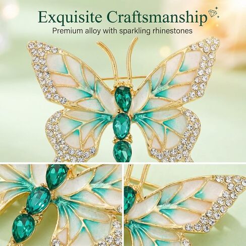 2Pcs Vintage Butterfly Brooch Rhinestone Butterfly Lapel Pins for Women | Emerald Insect Brooch, Crystal, Elegant, for Dress Accessories Jewelry Gift in Saudi Arabia