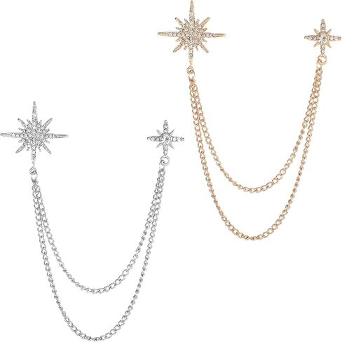 Silver Star Brooch, Star Pins Rhinestone Lapel Chain Suit Chain, Crystal Snowflake Tassel Lapel Pins, Hanging Tassel Chains Dainty Jewelry Decoration in Saudi Arabia