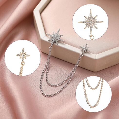 Silver Star Brooch, Star Pins Rhinestone Lapel Chain Suit Chain, Crystal Snowflake Tassel Lapel Pins, Hanging Tassel Chains Dainty Jewelry Decoration in Saudi Arabia