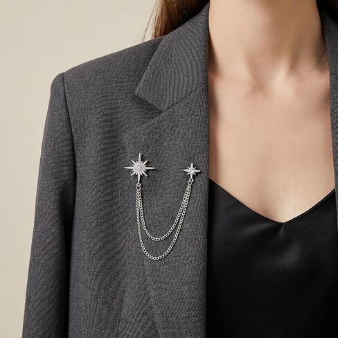 Silver Star Brooch, Star Pins Rhinestone Lapel Chain Suit Chain, Crystal Snowflake Tassel Lapel Pins, Hanging Tassel Chains Dainty Jewelry Decoration in Saudi Arabia