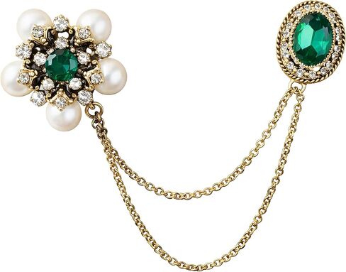 Elegant Vintage Brooches For Women - Stunning Crystal Pearl Flower Lapel Pin. Beautiful Rhinestone Tassel Long Chain Jewelry, Excellent Simulated Emerald Green Accessories in Saudi Arabia
