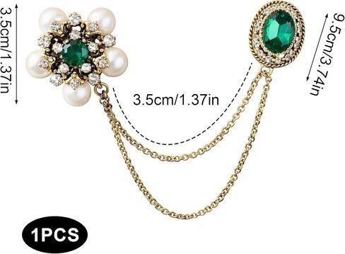 Elegant Vintage Brooches For Women - Stunning Crystal Pearl Flower Lapel Pin. Beautiful Rhinestone Tassel Long Chain Jewelry, Excellent Simulated Emerald Green Accessories in Saudi Arabia