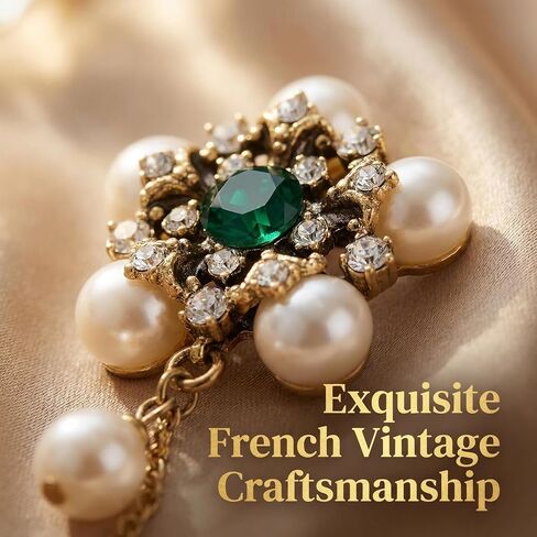 Elegant Vintage Brooches For Women - Stunning Crystal Pearl Flower Lapel Pin. Beautiful Rhinestone Tassel Long Chain Jewelry, Excellent Simulated Emerald Green Accessories in Saudi Arabia
