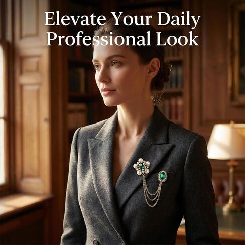 Elegant Vintage Brooches For Women - Stunning Crystal Pearl Flower Lapel Pin. Beautiful Rhinestone Tassel Long Chain Jewelry, Excellent Simulated Emerald Green Accessories in Saudi Arabia