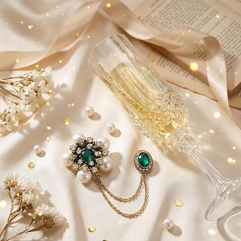 Elegant Vintage Brooches For Women - Stunning Crystal Pearl Flower Lapel Pin. Beautiful Rhinestone Tassel Long Chain Jewelry, Excellent Simulated Emerald Green Accessories in Saudi Arabia