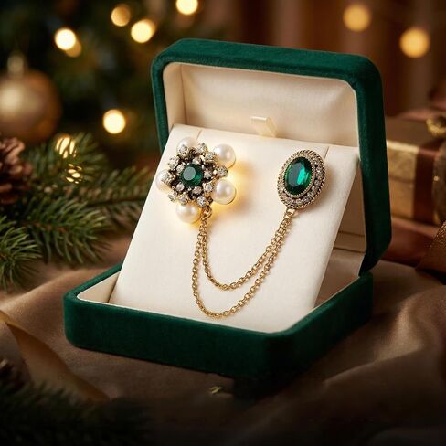 Elegant Vintage Brooches For Women - Stunning Crystal Pearl Flower Lapel Pin. Beautiful Rhinestone Tassel Long Chain Jewelry, Excellent Simulated Emerald Green Accessories in Saudi Arabia