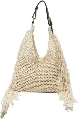 2-In-1 Set Fringe Hollow Women Handbag Crochet Woven Shoulder Bag Large Knit Hobo Purse Travel Summer Beach Boho Tote in Saudi Arabia