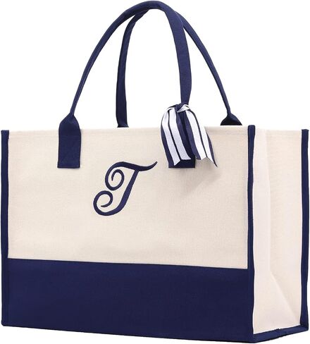 VANESSA ROSELLA Premium Quality Personalized Gift Monogram Initial 100% Cotton Chic Tote Bag with Customize Option - Navy in Saudi Arabia