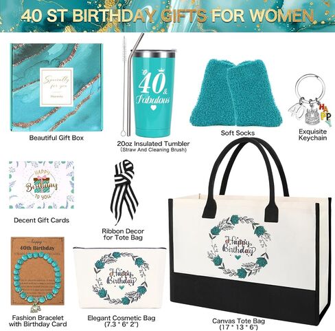 MACEVIA 40th Birthday Gifts for Women 40 Year Old Birthday Box for Women | 9pcs Unique Turning 40 Gift with Tumbler Fashion Canvas Tote Bag for Her Mom Sister Friend Wife Coworker in Saudi Arabia