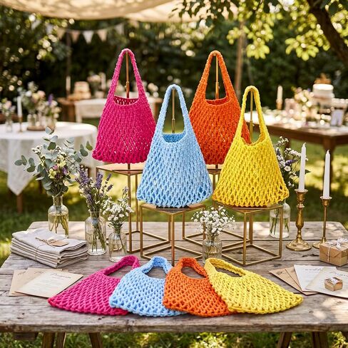 8 Pcs 7.87'' Beach Bachelorette Gift Bags Cotton Rope Totes with Handle Colorful Crochet Bag Boho Gift Tote for Bridesmaid, Wedding, Party in Saudi Arabia
