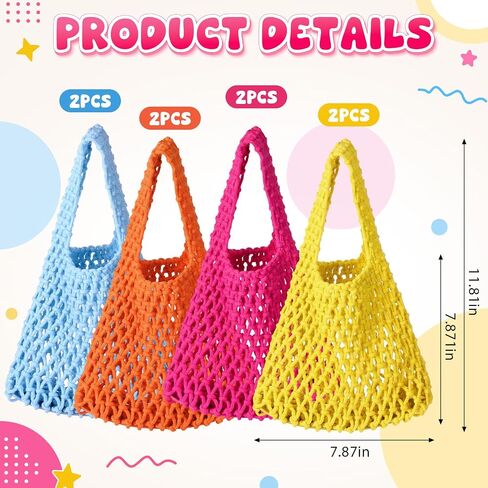 8 Pcs 7.87'' Beach Bachelorette Gift Bags Cotton Rope Totes with Handle Colorful Crochet Bag Boho Gift Tote for Bridesmaid, Wedding, Party in Saudi Arabia