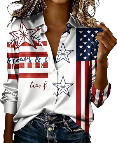 Button Down Shirts for Women Independence Day Patriotic Shirts 4th of July Outfits Long Sleeve Collared Blouses in Saudi Arabia