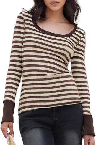 Womens Y2K Striped Long Sleeve Tops Vintage Crew Neck Harajuku Blouses Top Retro Tees Shirt Top Fall Winter Clothes in Saudi Arabia