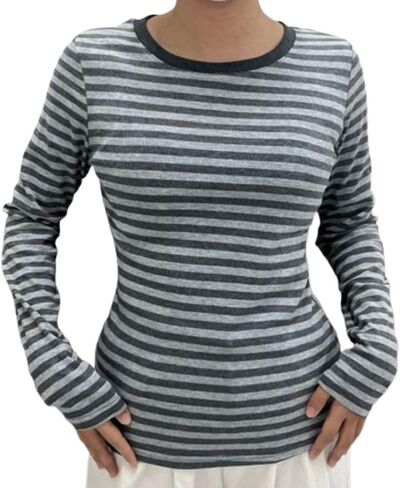 Womens Y2K Striped Long Sleeve Tops Vintage Crew Neck Harajuku Blouses Top Retro Tees Shirt Top Fall Winter Clothes in Saudi Arabia