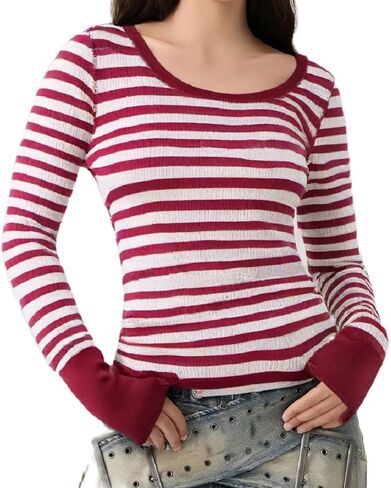 Womens Y2K Striped Long Sleeve Tops Vintage Crew Neck Harajuku Blouses Top Retro Tees Shirt Top Fall Winter Clothes in Saudi Arabia