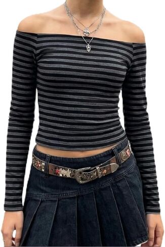 Womens Y2K Striped Long Sleeve Tops Vintage Crew Neck Harajuku Blouses Top Retro Tees Shirt Top Fall Winter Clothes in Saudi Arabia