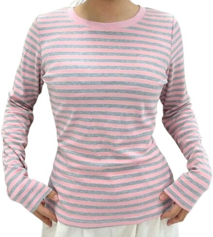Womens Y2K Striped Long Sleeve Tops Vintage Crew Neck Harajuku Blouses Top Retro Tees Shirt Top Fall Winter Clothes in Saudi Arabia