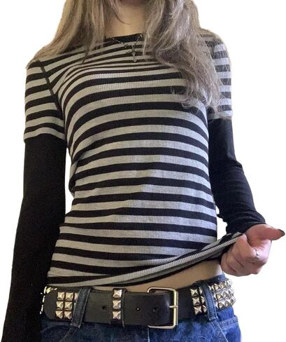 Womens Y2K Striped Long Sleeve Tops Vintage Crew Neck Harajuku Blouses Top Retro Tees Shirt Top Fall Winter Clothes in Saudi Arabia