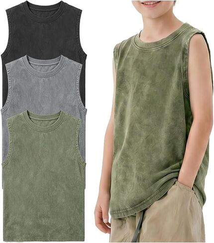 Boys Tank Tops Sleeveless Undershirt T-Shirts Vintage Acid Wash Cotton Athletic Tees in Saudi Arabia