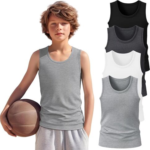 4 Pack Boys Tank Top Athletic Summer Undershirt Round Neck Workout Sleeveless Shirt Kid Casual Basic Tee Size 3-16 in Kuwait