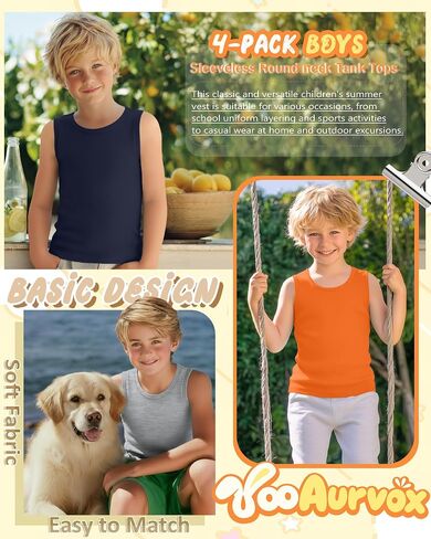 4 Pack Boys Tank Top Athletic Summer Undershirt Round Neck Workout Sleeveless Shirt Kid Casual Basic Tee Size 3-16 in Saudi Arabia