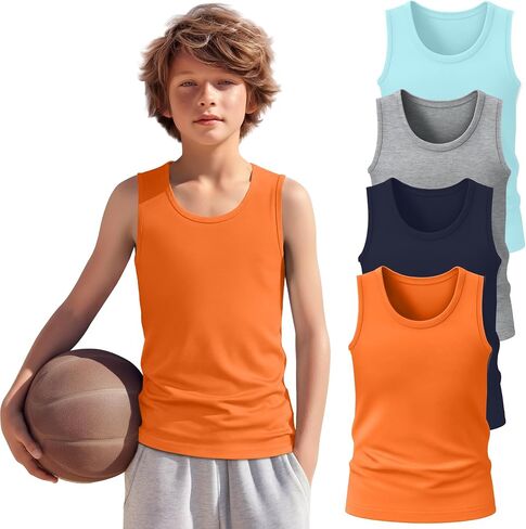 4 Pack Boys Tank Top Athletic Summer Undershirt Round Neck Workout Sleeveless Shirt Kid Casual Basic Tee Size 3-16 in Saudi Arabia