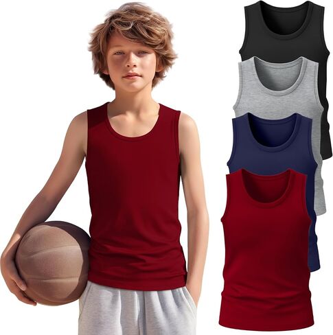 4 Pack Boys Tank Top Athletic Summer Undershirt Round Neck Workout Sleeveless Shirt Kid Casual Basic Tee Size 3-16 in Saudi Arabia