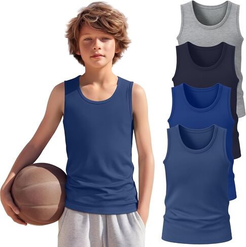4 Pack Boys Tank Top Athletic Summer Undershirt Round Neck Workout Sleeveless Shirt Kid Casual Basic Tee Size 3-16 in Saudi Arabia