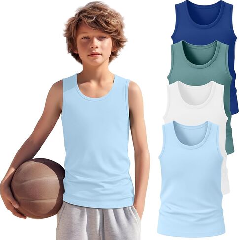 4 Pack Boys Tank Top Athletic Summer Undershirt Round Neck Workout Sleeveless Shirt Kid Casual Basic Tee Size 3-16 in Saudi Arabia