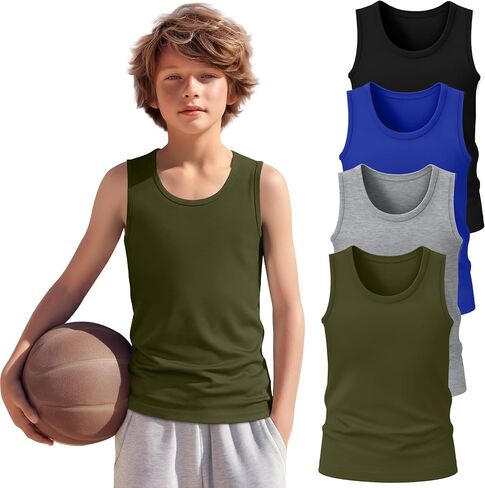 4 Pack Boys Tank Top Athletic Summer Undershirt Round Neck Workout Sleeveless Shirt Kid Casual Basic Tee Size 3-16 in Saudi Arabia