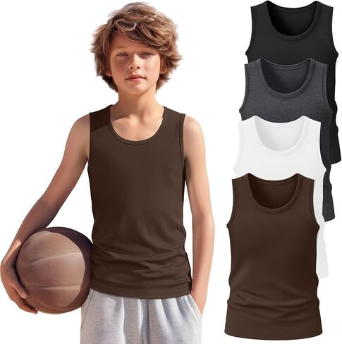 4 Pack Boys Tank Top Athletic Summer Undershirt Round Neck Workout Sleeveless Shirt Kid Casual Basic Tee Size 3-16 in Saudi Arabia