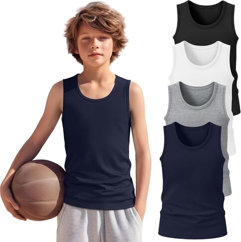 4 Pack Boys Tank Top Athletic Summer Undershirt Round Neck Workout Sleeveless Shirt Kid Casual Basic Tee Size 3-16 in Saudi Arabia