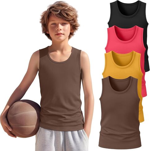 4 Pack Boys Tank Top Athletic Summer Undershirt Round Neck Workout Sleeveless Shirt Kid Casual Basic Tee Size 3-16 in Saudi Arabia